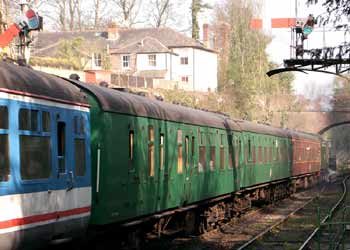 preserved British Railways Mk1 and Mk2 passenger carriages in London Midland Region Maroon, green and Network SouthEast liveries.