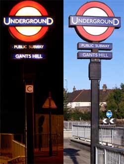 Sign advertising location of station entrance.