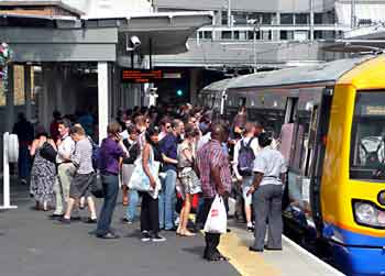 Crowded platform at Highbury and Islington Overground station.