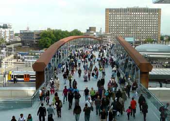 footbridge over Stratford Station London.