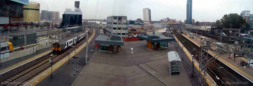 looking east from footbridge over platform 11 at Stratford Station London.