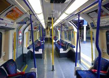 Inside Piccadilly line 1973 Tube Stock.