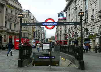 Iconic subterranean station entrance at Piccadilly Circus.