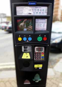 Pay and display machine which only accepts payment by credit / debit cards.