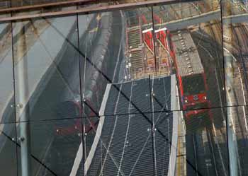Jubilee line DLR roof reflections aat Stratford Station London.