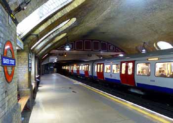 S Stock underground train historic platform Baker Street station.