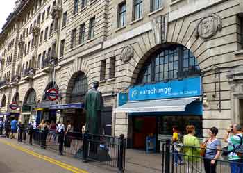 Baker Street station frontage with Statue of Sherlock Holmes.