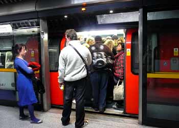 Overcrowded Jubilee line train Westminster Jubilee line.