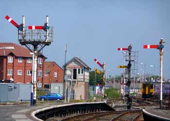 Semaphore signals at Blackpool North station.