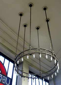 Arts and Crafts-style chandelier South Wimbledon railway tube station.