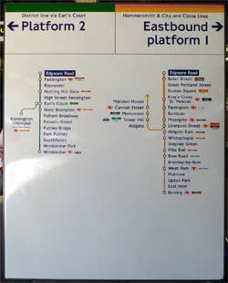 Edgware Road (subsurface) station platforms 2 and 1 information.