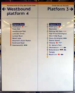 Edgware Road (subsurface) station platforms 4 and 3 information.