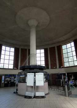 Inside Arnos Grove station Art Deco ticket hall.