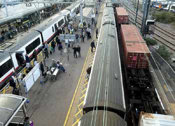 looking west from footbridge over platforms 9 and 10 at Stratford Station London..