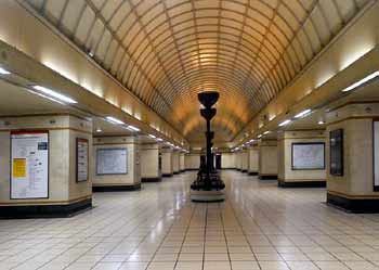 Moscow style waiting area at Gants Hill London Underground station.