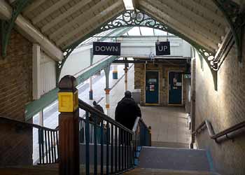 railway station wood stairway roof.