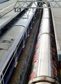 looking west from footbridge over platform 6 at Stratford Station London.