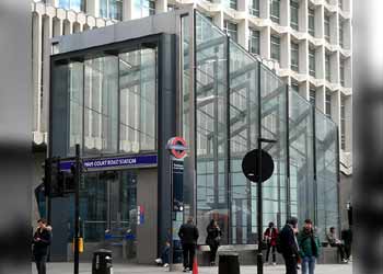 Elizabeth line Tottenham Court Road glass entrance.