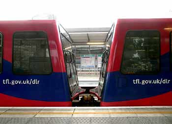London DLR train ends coupled together.