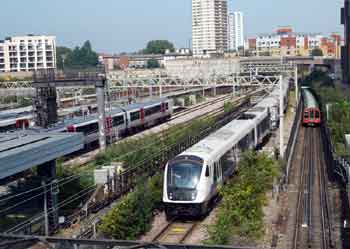 looking east from footbridge over platform 3 at Stratford Station London..