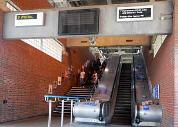 stairs and escalator at West Ham station.