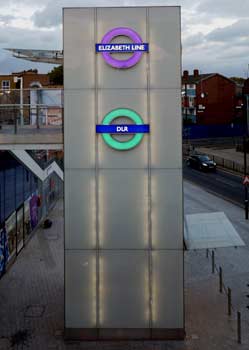 Elizabeth line DLR Roundels Custom House Lift Shaft.
