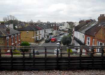 View from elevated District line railway in west London.