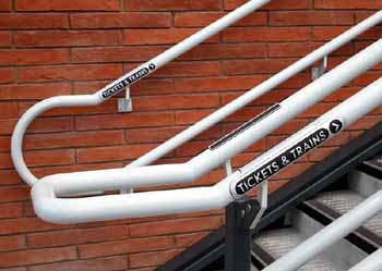 stair handrails with route finding information.