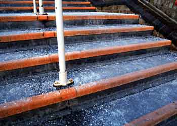 railway station no stairway roof grit on icy steps winter.