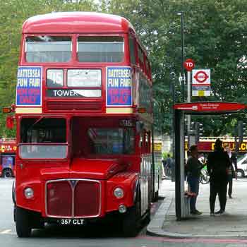 Historic Routemaster bus - Bus stop front view
