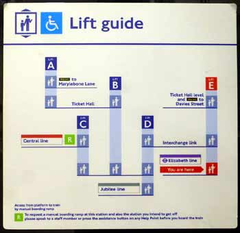 schematic of accessesbility lifts at Bond Street station London .