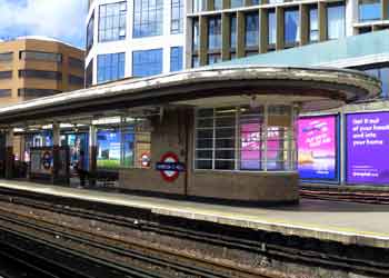 Art Deco platform shelters at Harrow On The Hill station.