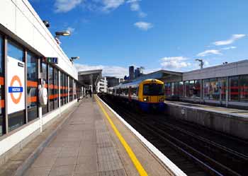 Platform level at London Overground Hoxton station.