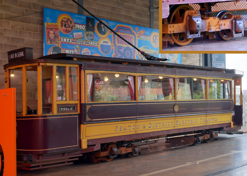 side view of Seaton Tramway Tram No. 16 with inset image showing a maximum traction bogie.