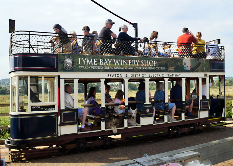 Side elevation of blue liveried Seaton Tramway Tram No. 8.