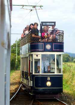 Front elevation of blue liveried Seaton Tramway Tram No. 8.