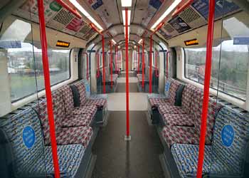 Inside refurbished Central line 1992ts train.