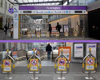 Elizabeth line Paddington station escalators.