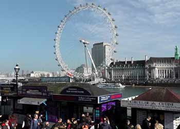 London Eye Ferris Wheel Boat trip sales stands.