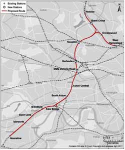 Map of proposed West London Orbital railway route.