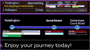 Elizabeth line opening day scrolling passenger information display messages.