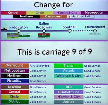 Class 345 TFL Rail Elizabeth line real-time information display messages.