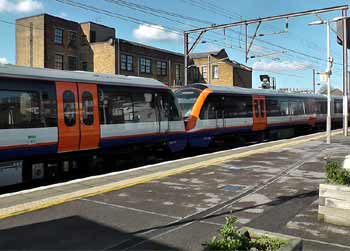 Two Class 710 train ends coupled to form one longer train.